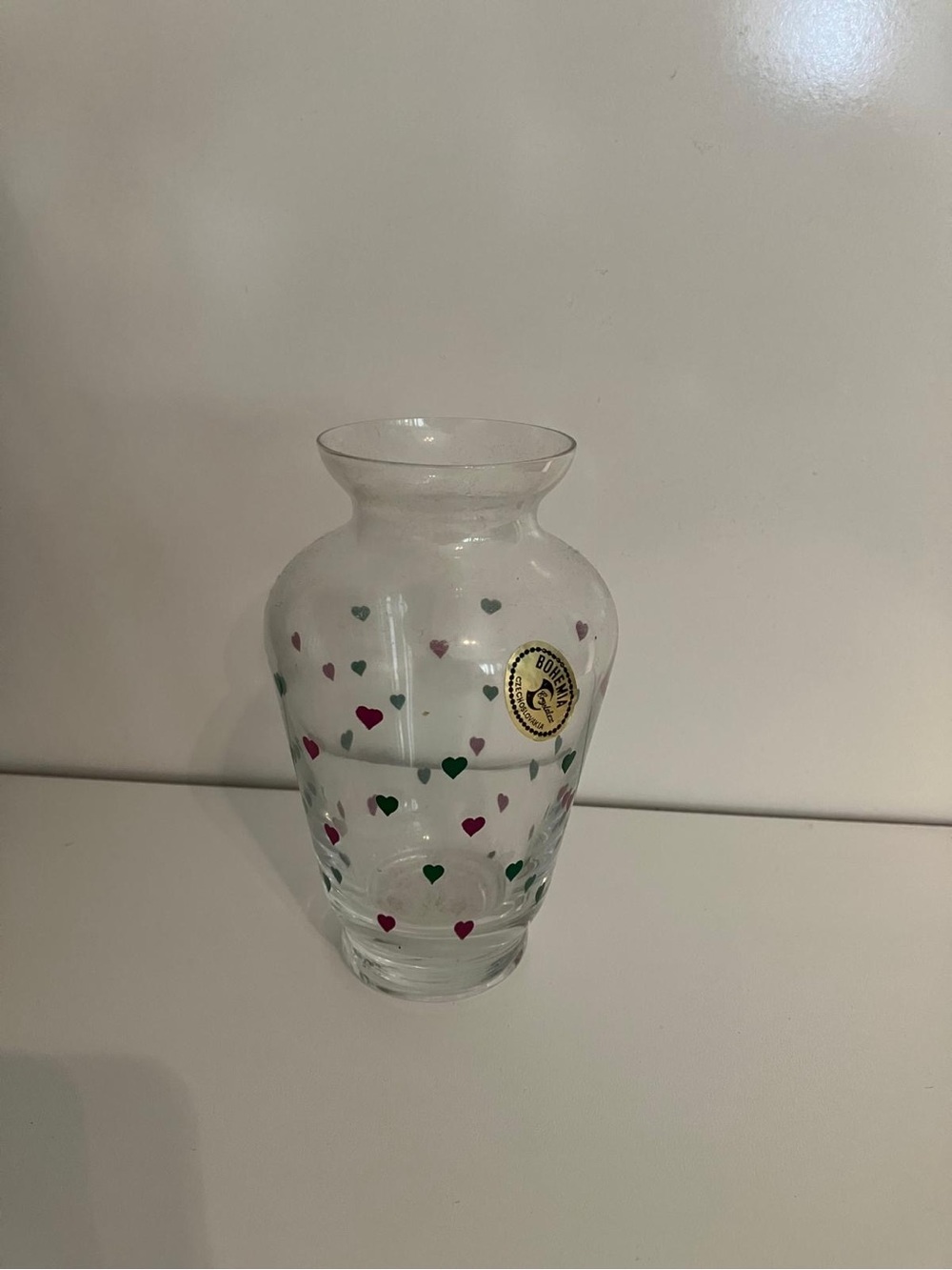 Authentic Bohemia Czechoslovakia Clear Glass Vase with Multicolor Heart Pattern